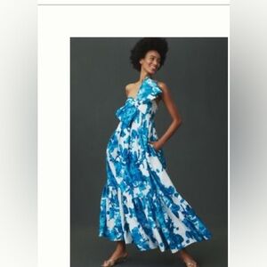 Anthropologie One Shoulder Blue Floral Dress